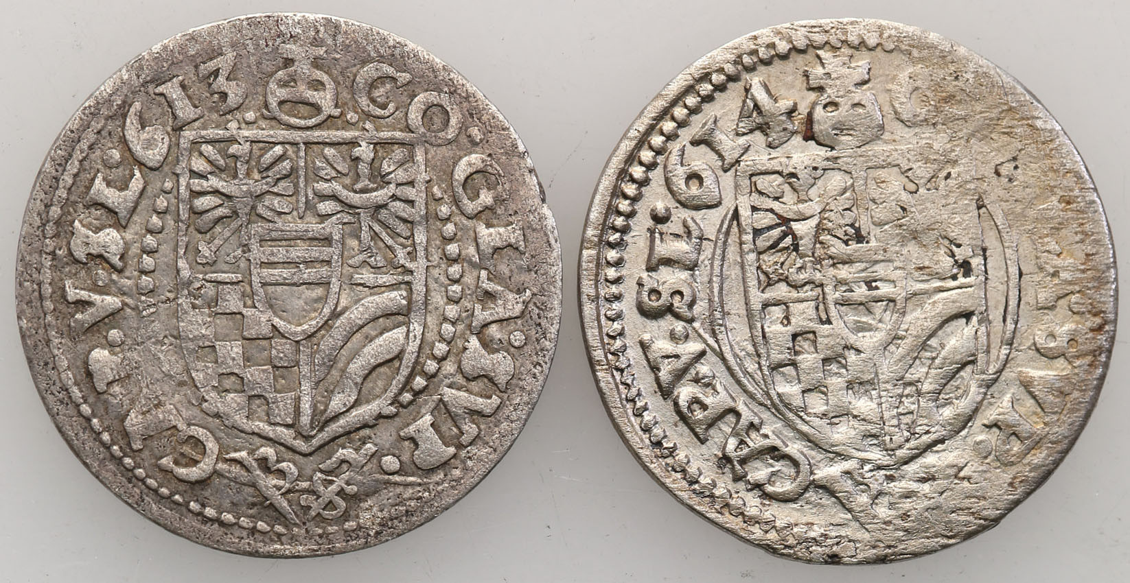 Śląsk, Księstwo Ziębicko-oleśnickie. Karol II (1548-1617). 3 krajcary 1613, 1614, Oleśnica, zestaw 2 monet Patyna. Zestaw 2 monet.